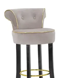 Estila Designová art deco šedá barová židle Vivienne s černými nožičkami se zahnutou opěrkou se zlatými detaily 96 cm
