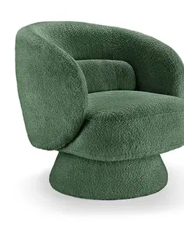 Estila Art deco otočné křeslo Elian s čalouněním bouclé v tmavě zelené barvě a kruhovou kulatou základnou o 360 stupňů 76 cm