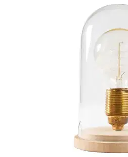 Estila Designová retro stolní lampa Edison s hnědou dřevěnou podstavou a průhledným skleněným stínítkem 22 cm