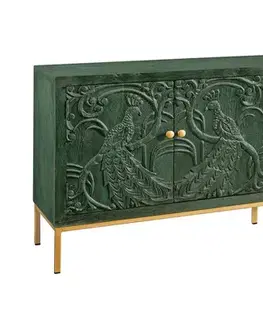 Estila Art deco čtyřdveřový obdélníkový zelený příborník Birdy z mangového dřeva s vyřezávanými pávy a zlatými nožičkami 175 cm