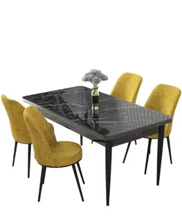 Dining Table & Chairs Set (5 Pieces) Nil - Black Marble, Mustard