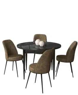 Dining Table & Chairs Set (5 Pieces) Tor - Black Marble, Brown