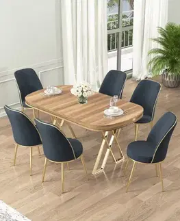 Dining Table & Chairs Set (7 Pieces) Lai - Light Walnut, Gold, Anthracite