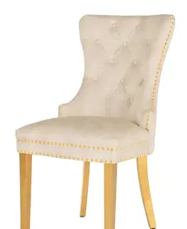 Estila Glamour čalouněná prošívaná béžová jídelní židle Modern Barock se zlatými kovovými nožičkami a klepátkem 98 cm