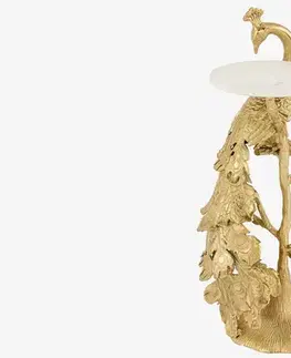 Estila Designový kovový příruční stolek Tierra Glam s kulatou mramorovou bílou deskou a nohou ve tvaru zlatého páva 75 cm