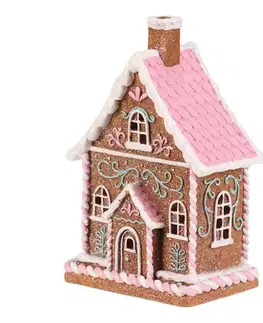Vánoční dekorace Perníkový domek s růžovou střechou, polyresin, LED, hnědá