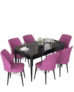 Extendable Dining Table & Chairs Set (7 Pieces) Nef - Black Marble, Purple