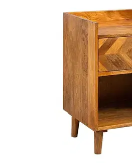 Estila Designový masivní retro noční stolek Frida z mangového dřeva hnědé barvy se šuplíkem s mozaikou a policí 55 cm