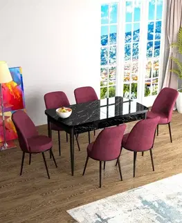Extendable Dining Table & Chairs Set (7 Pieces) Han - Black Marble, Burgundy