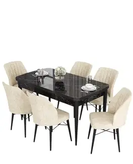 Extendable Dining Table & Chairs Set (7 Pieces) Eva - Black Marble, Cream