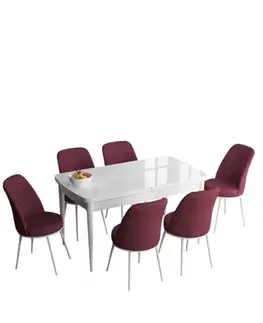Extendable Dining Table & Chairs Set (7 Pieces) Han - White, Burgundy