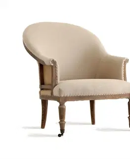 Estila Luxusní rustikální křeslo Carlos s vyřezávanými dřevěnými nožičkami v hnědé vintage barvě s béžovým čalouněním 92 cm