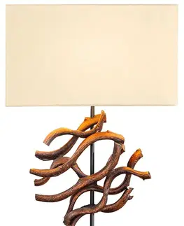 Estila Stolní lampa Ralyn ve venkovském stylu se stínítkem v béžové barvě s dekoračním prvkem z teakového dřeva 57 cm