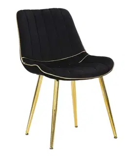 Estila Art deco čalouněná sametová jídelní židle Asen s prošívaným černým potahem se zlatým rámem a zlatými nožičkami 79 cm