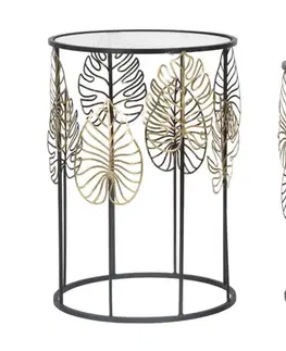 Estila Designová glamour sada kulatých příručních stolků Ornella se skleněnou deskou a černým rámem se zlatými listy 55 cm