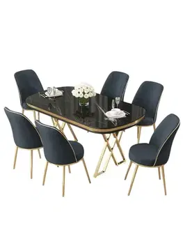Dining Table & Chairs Set (7 Pieces) Lai - Black Marble, Gold, Anthracite