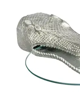 Estila Glamour kulatý příruční stolek Tierra Glam se stříbrným kovovým držákem ve tvaru krokodýla a skleněnou deskou 61 cm