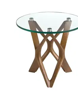 Estila Luxusní moderní kulatý příruční stolek Forma Moderna s designovou podstavou z ořechově hnědého dřeva a skleněnou deskou 50 cm