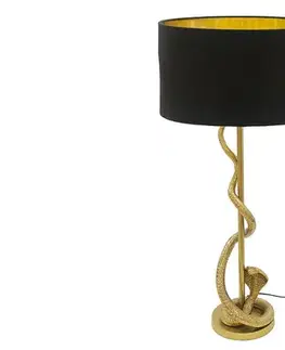 Estila Designová glamour stolní lampa Tierra Glam se zlatou kovovou podstavou s figurou kobry a černým textilním stínítkem 110 cm