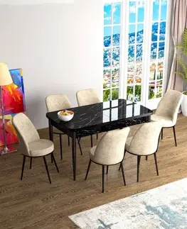 Extendable Dining Table & Chairs Set (7 Pieces) Han - Black Marble, Cream