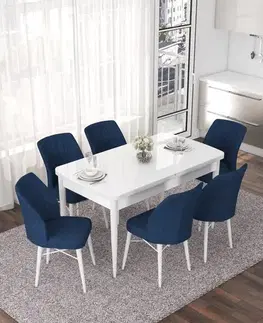 Extendable Dining Table & Chairs Set (7 Pieces) Nef - White, Navy Blue