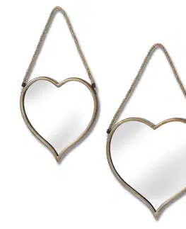 Estila Stylový vintage set dvou zrcadel Heart ve tvaru srdce s kovovou zlatou konstrukcí a závěsným béžovým lanem 43 cm