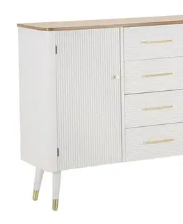 Estila Art deco bílý příborník Samira se dvěma dvířky a čtyřmi zásuvkami s žebrovaným povrchem a hnědou deskou 117 cm