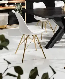 Estila Art-deco bílá jídelní židle Scandinavia z eko kůže s kovovými nožičkami ve zlaté barvě 85cm