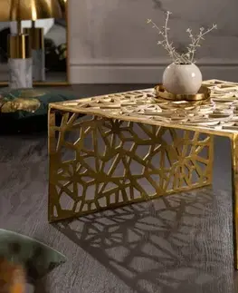 Estila Art-deco čtvercový konferenční stolek Hoja ve zlaté barvě z kovu 60cm