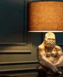 Estila Designová stolní lampa Apell s podstavou z kovu ve tvaru gorily stříbrné barvy s černým kulatým stínítkem 60cm