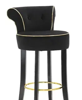 Estila Designová art deco černá barová židle Vivienne se zahnutou opěrkou se zlatými detaily 96 cm