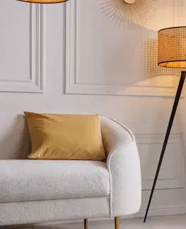 Estila Moderní stojací lampa Citadel s kulatým stínítkem s vídeňským výpletem světle hnědé barvy a černýma nohama 140cm