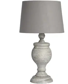 Estila Vintage provensálská stolní lampa Uthina s šedou vyřezávanou podstavou s patinou a kulatým textilním stínítkem 53 cm