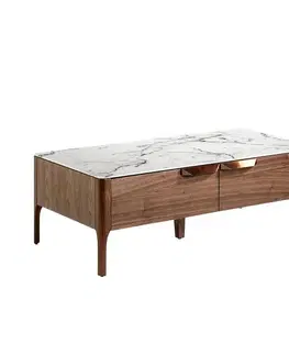 Estila Luxusní moderní hnědý konferenční stolek Vita Naturale se dvěma šuplíky a vrchní deskou s designem bílého mramoru 120 cm
