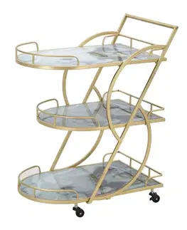 Estila Designový glamour zlatý servírovací vozík Mirage geometrických tvarů na kolečkách se třemi šedými mramorovými policemi 85 cm