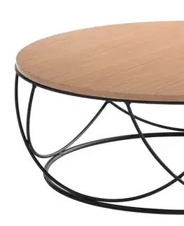 Estila Moderní kulatý konferenční stolek Nordica Clara se světle hnědou vrchní deskou s černou kovovou podstavou 90cm