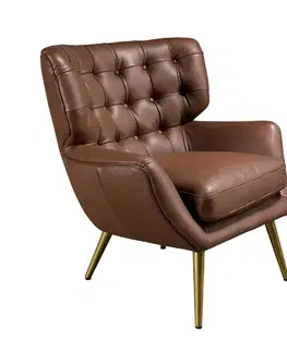 Estila Luxusní moderní křeslo Sayron s tmavým hnědým potahem z pravé kůže s chesterfield prošíváním a zlatýma nohama 85 cm