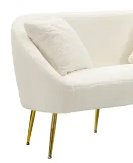 Estila Designová art deco sedačka Cally se dvěma polštáři s bílým kožešinovým potahem a zlatými nožičkami 137 cm
