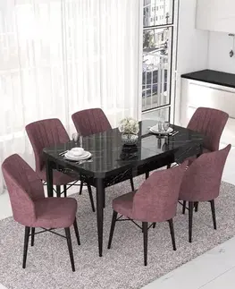 Extendable Dining Table & Chairs Set (7 Pieces) Nef - Black Marble, Dusty Rose