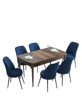 Extendable Dining Table & Chairs Set (7 Pieces) Han - Baroque, Navy Blue