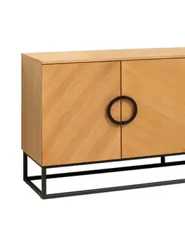 Estila Art deco čtyřdveřový příborník Arkline v dubovém provedení s kulatými černými úchyty s obdélníkovou podstavou 180 cm