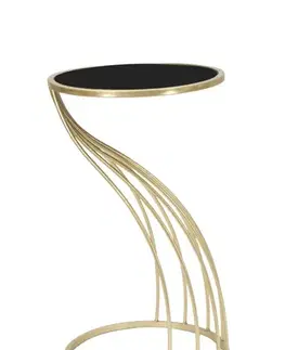 Estila Art deco zlatý kulatý příruční stolek Naselam s ohnutými kovovými tyčemi s vrchní skleněnou černou deskou 60 cm