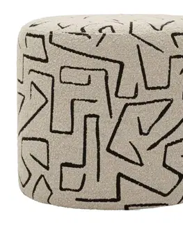 Estila Moderní kulatá čalouněná taburetka Terezja s textilním béžově hnědým potahem s černým geometrickým vzorem 44 cm