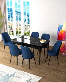 Extendable Dining Table & Chairs Set (7 Pieces) Zen - Black Marble, Navy Blue