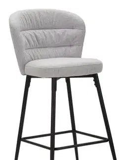 Estila Moderní barová židle Magnus se světle šedým čalouněním z látky s ergonomickým opěradlem na černých kovových nohách 108 cm