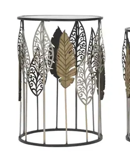 Estila Designová glamour sada kulatých příručních stolků Foliera se skleněnou deskou a černým kovovým rámem s listy 55 cm