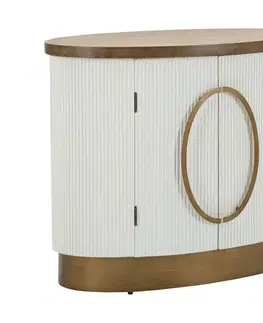 Estila Art deco dvoudvířkový oválný konzolový stolek Glamia Blanc s hnědou dřevěnou deskou a vroubkovaným krémovým korpusem 79 cm