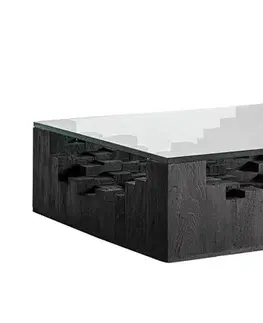 Estila Luxusní art deco čtvercový konferenční stolek Cubia Nera z masivního mangového černého dřeva se skleněnou deskou 118 cm
