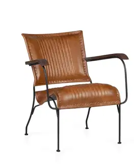 Estila Luxusní vintage kožené křeslo Marione II z pravé kůže v hnědém provedení s kovovou konstrukcí a dřevěnými područkami 75cm