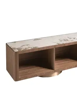 Estila Luxusní art deco TV stolek Vita Naturale s policemi a šuplíky v hnědém ořechovém provedení s bílou mramorovou deskou 200 cm